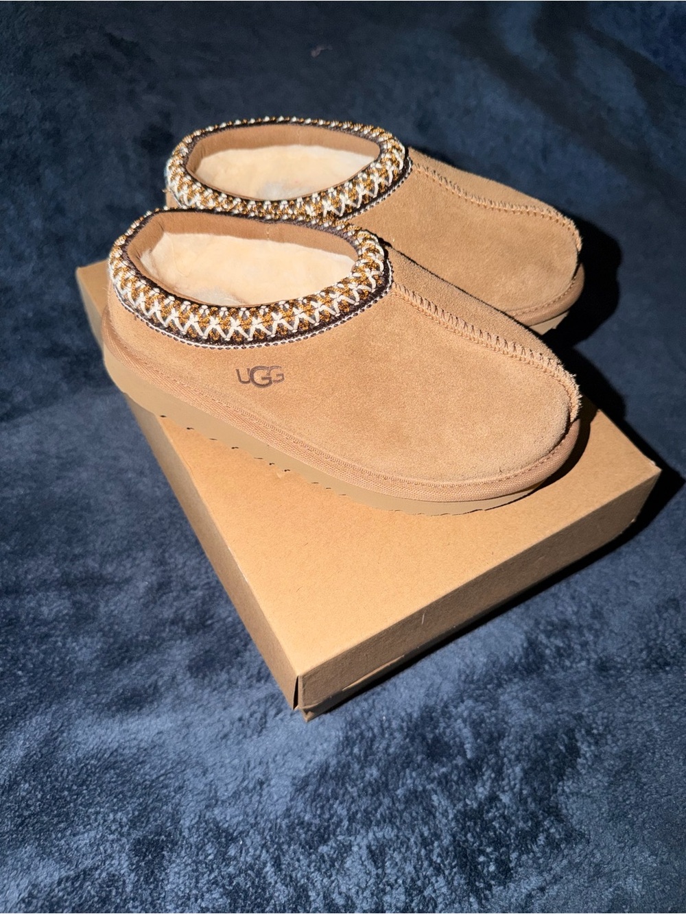 UGG Chestnut Brown Suede Clog Mules with Shearling Collar
